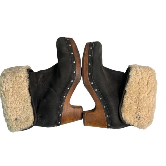 UGG Womens MOUTON Boot Roll Top BLACK Leather Heels Boots 3207 Size 6 - Picture 8 of 12